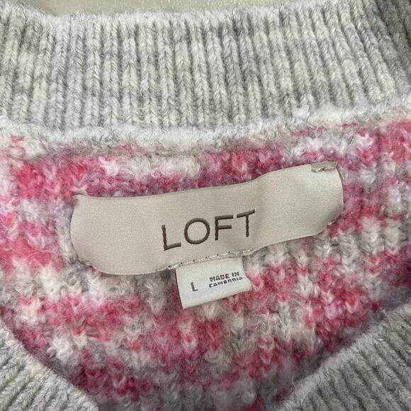 LOFT Sweater Womens Large Gray Pink Heart Fair Isle Balloon Sleeve Cozy Chunky - Picture 10 of 11